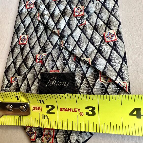 Brioni Gray & Black Diamonds & Red Squares 100% Silk Designer Men’s Tie Necktie - Picture 8 of 11